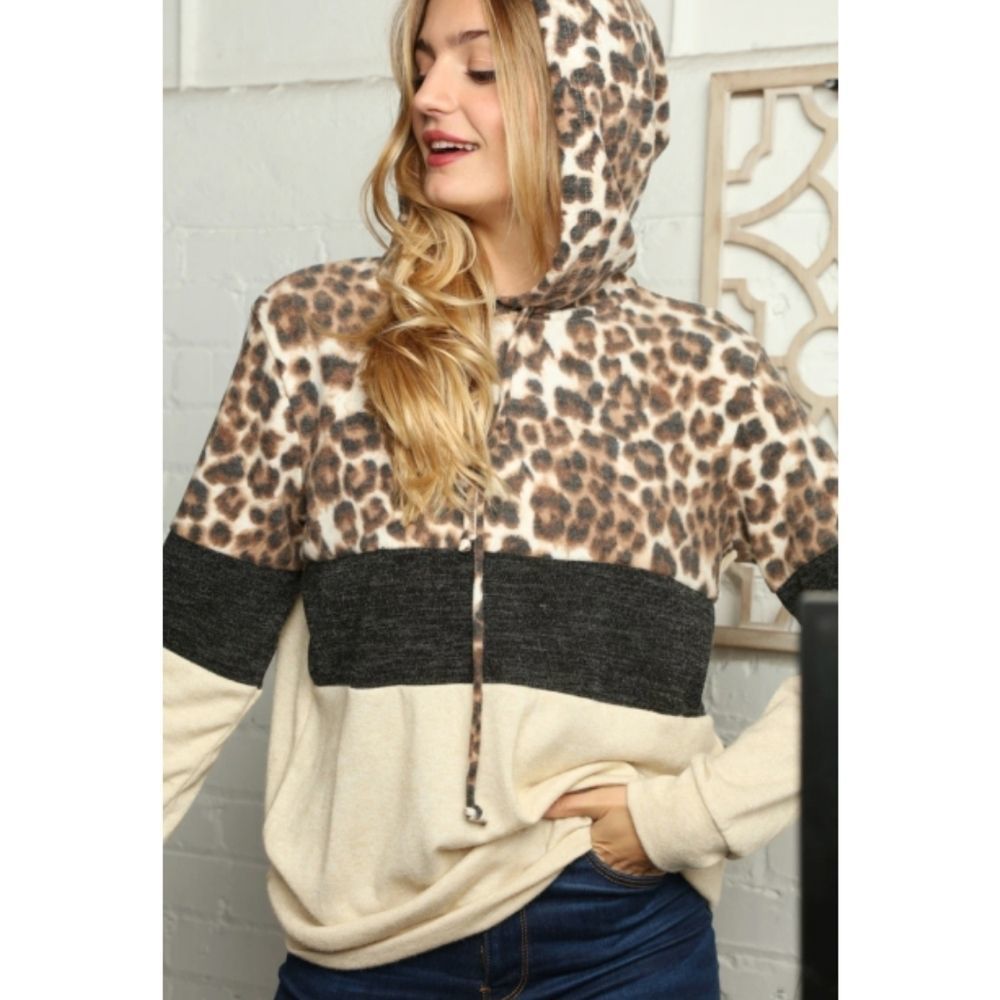 Cream Animal Print Color Block Hoodie - Picture 2 of 3